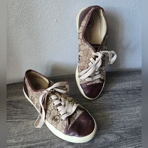 Michael Kors Brown and Cream Women's Leather Sneakers. MK City Sneaker Shoes 7.5